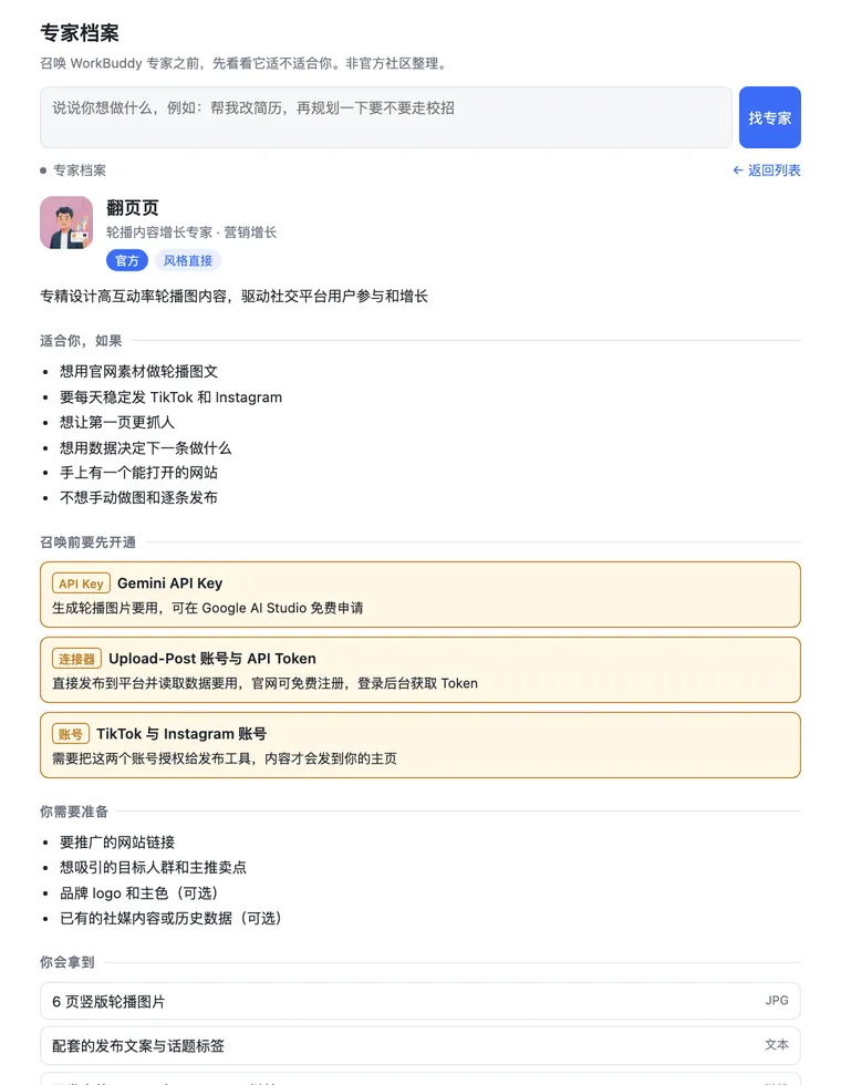 截图：一位专家的档案，「召唤前要先开通」列出 Gemini API Key、Upload-Post 账号与 API Token、TikTok 与 Instagram 账号